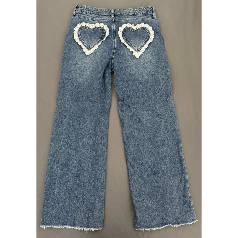 Ashley Mason Wide Leg Jeans Womens Sz 13/31 Lace Heart Pockets Raw Hem High Rise - Picture 8 of 14
